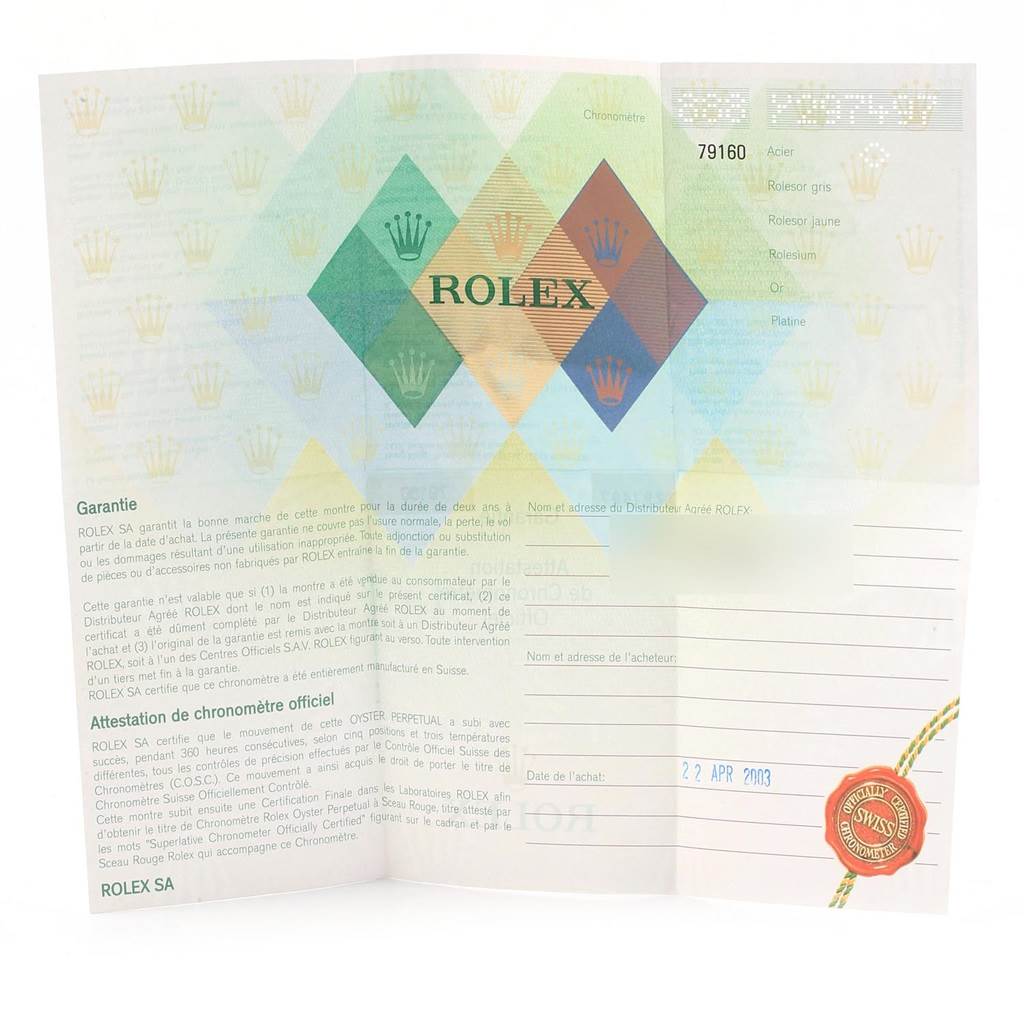 The image shows a folded warranty and chronometer certificate for an unspecified Rolex Date 79160 Women's Stainless Steel Silver Dial 79160 Women's Stainless Steel Silver Dial model watch.