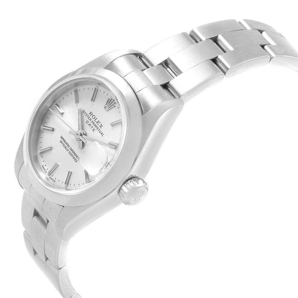 This image shows a close-up angled view of the Rolex Date 79160 Women's Stainless Steel Silver Dial 79160 Women's Stainless Steel Silver Dial model watch, highlighting the dial, crown, and bracelet.