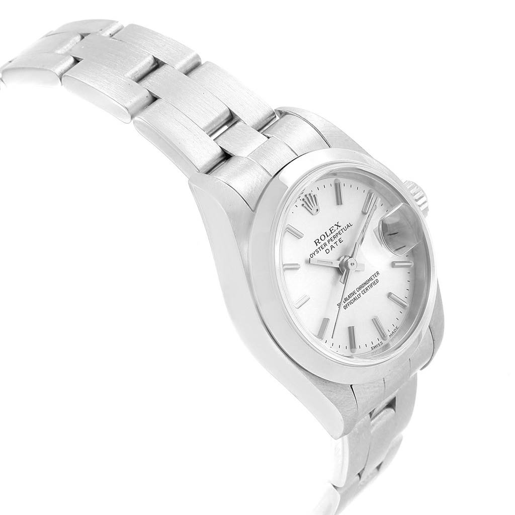 The image shows a side angle view of a Rolex Date 79160 Women's Stainless Steel Silver Dial 79160 Women's Stainless Steel Silver Dial model watch, highlighting the bracelet, case, dial, and crown.