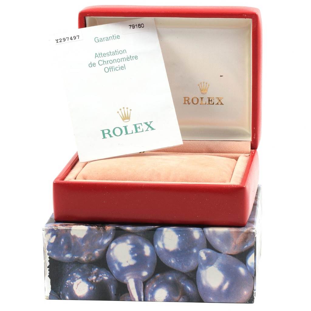 The image shows a Rolex Date 79160 Women's Stainless Steel Silver Dial 79160 Women's Stainless Steel Silver Dial model watch box and guarantee certificate from a front-facing angle.