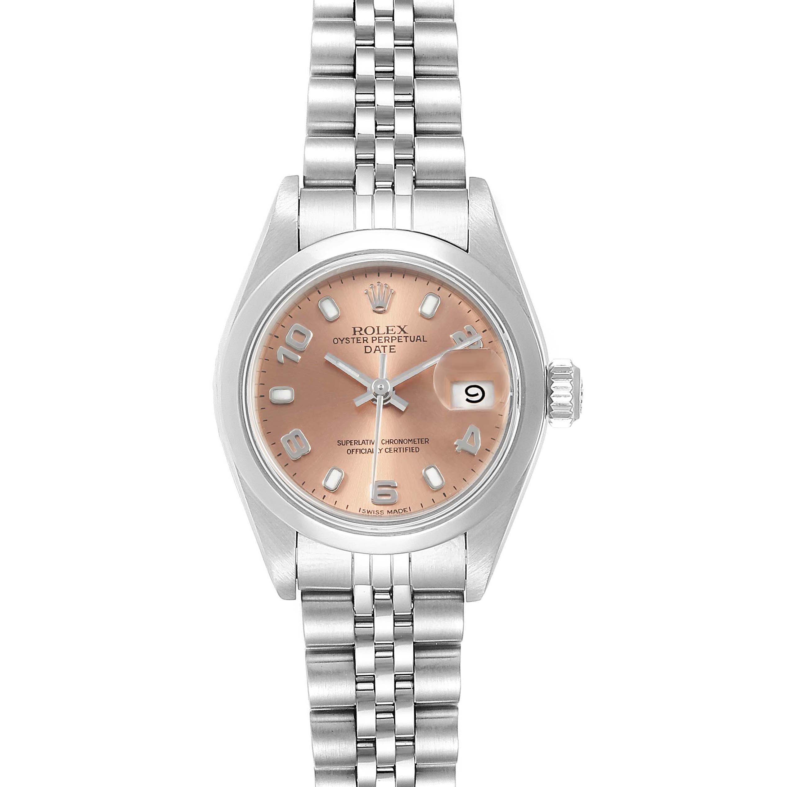 The image shows a frontal view of a Rolex Date 79160 Women's Stainless Steel Pink Dial 79160 Women's Stainless Steel Pink Dial model watch, displaying its pink dial, bezel, date window, and stainless steel bracelet.