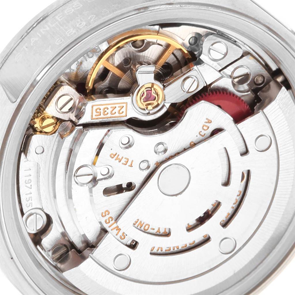 This image shows a close-up view of the movement and internal components of a Rolex Date 79160 Women's Stainless Steel Pink Dial 79160 Women's Stainless Steel Pink Dial model watch.