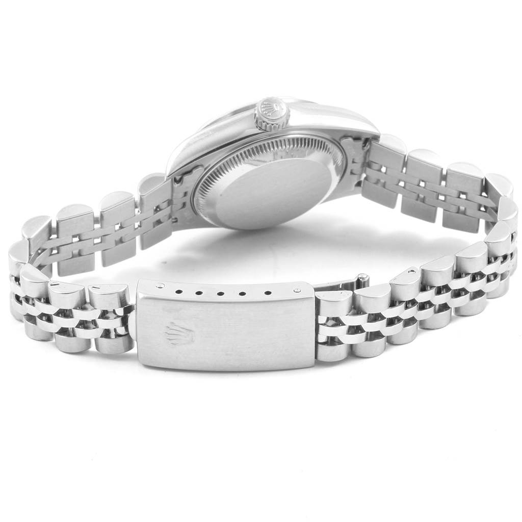 The image shows the back and bracelet of a Rolex Date 79160 Women's Stainless Steel Pink Dial 79160 Women's Stainless Steel Pink Dial model, with a focus on the clasp and case back.