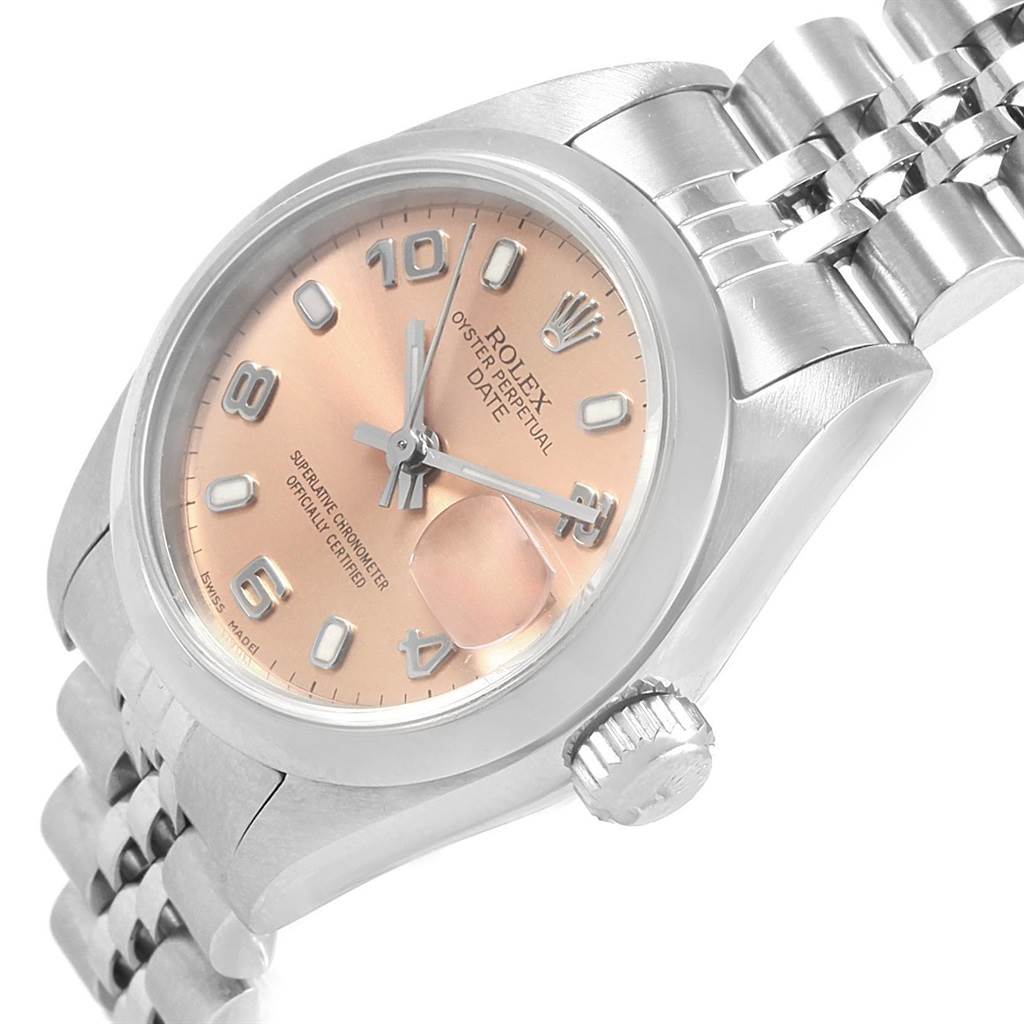 The image shows a close-up angled view of the Rolex Date 79160 Women's Stainless Steel Pink Dial 79160 Women's Stainless Steel Pink Dial model watch, highlighting the dial, crown, and part of the bracelet.