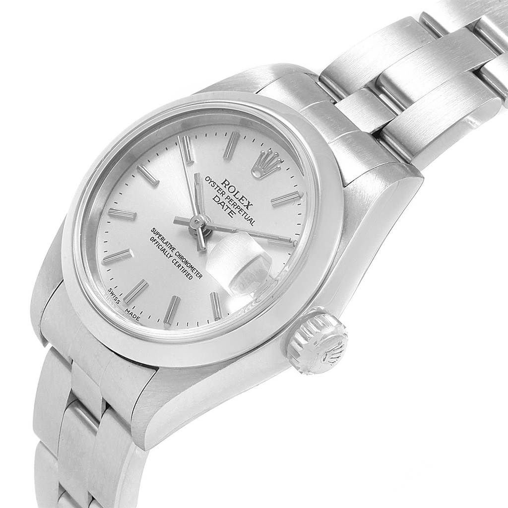 The image shows a Rolex Date 69160 Women's Stainless Steel Silver Dial 69160 Women's Stainless Steel Silver Dial model watch at a three-quarter angle, highlighting its dial, bracelet, and crown.