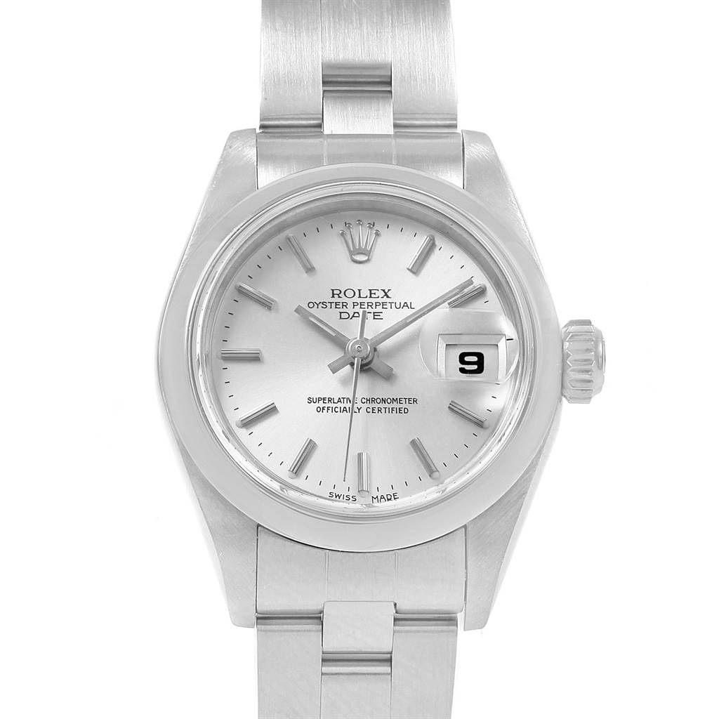 This image shows a front view of a Rolex Date 69160 Women's Stainless Steel Silver Dial 69160 Women's Stainless Steel Silver Dial model watch, highlighting the dial, hands, crown, and bracelet.