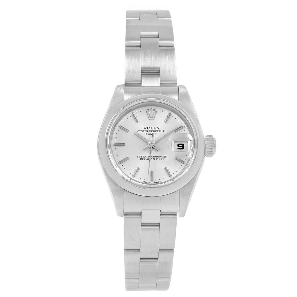 The image shows a frontal view of the Rolex Date 69160 Women's Stainless Steel Silver Dial 69160 Women's Stainless Steel Silver Dial model watch, including its bracelet, dial, and date display.