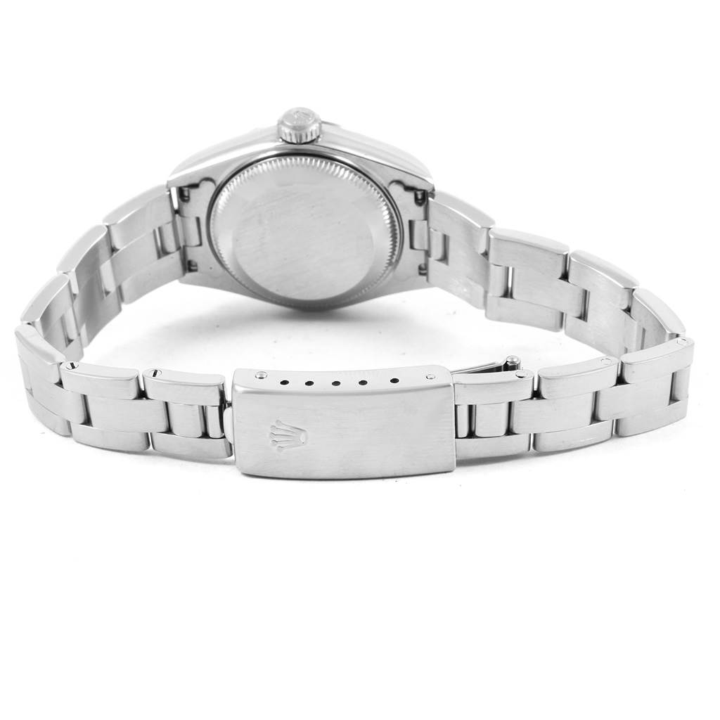 This image shows the back view of a Rolex Date 69160 Women's Stainless Steel Silver Dial 69160 Women's Stainless Steel Silver Dial model watch, highlighting the case back, bracelet, and clasp.