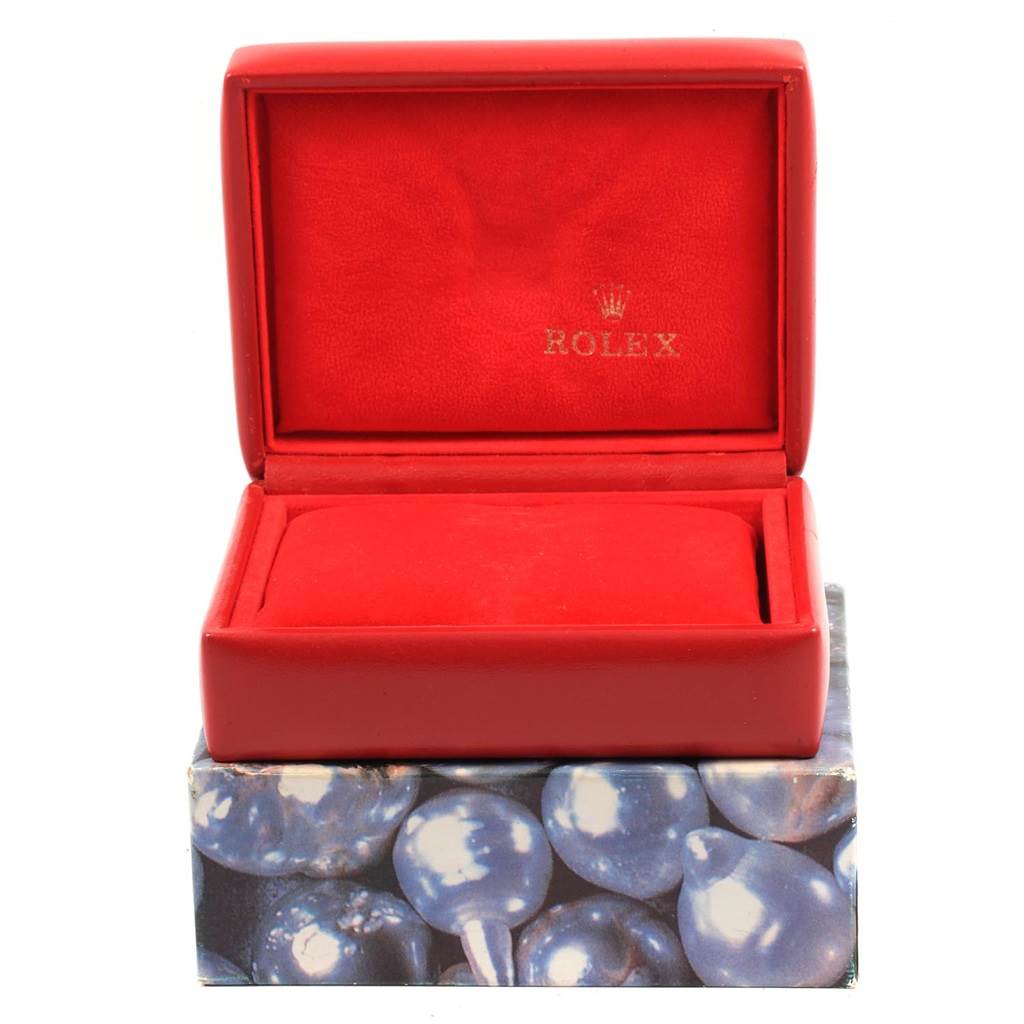 This image shows an open red box with "Rolex" branding, presumably for a Rolex Date 69160 Women's Stainless Steel Silver Dial 69160 Women's Stainless Steel Silver Dial model watch.