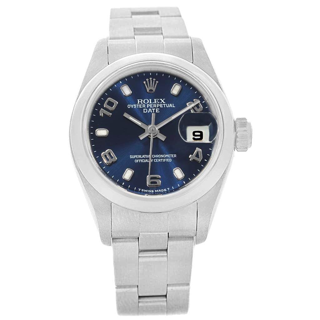 This image shows a Rolex Date 69160 Women's Stainless Steel Blue Dial 69160 Women's Stainless Steel Blue Dial model watch from a frontal angle, highlighting its dial, case, and bracelet.