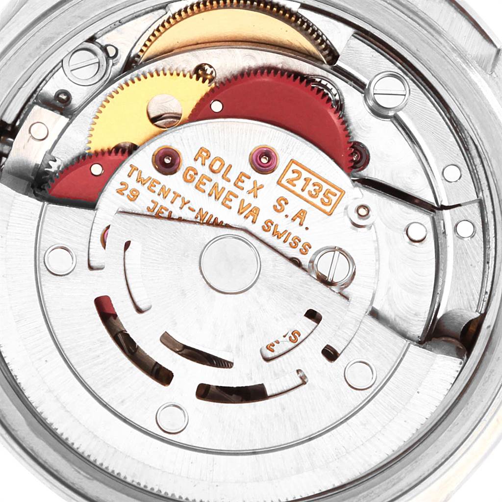 This image shows the internal movement parts of a Rolex Date 69160 Women's Stainless Steel Blue Dial 69160 Women's Stainless Steel Blue Dial model watch, viewed from a close-up angle.