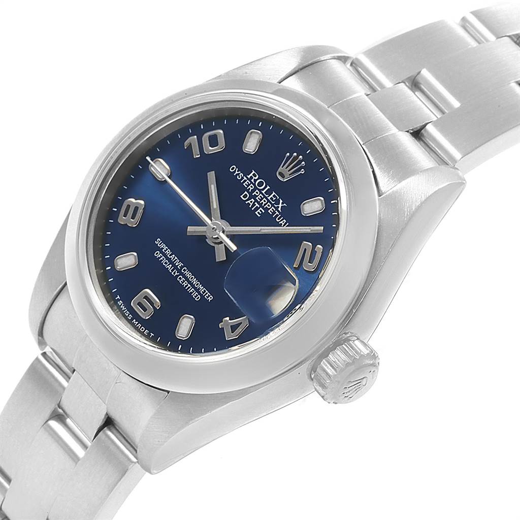 The image shows a Rolex Date 69160 Women's Stainless Steel Blue Dial 69160 Women's Stainless Steel Blue Dial model watch from an oblique angle, showcasing the dial, bezel, crown, and part of the bracelet.