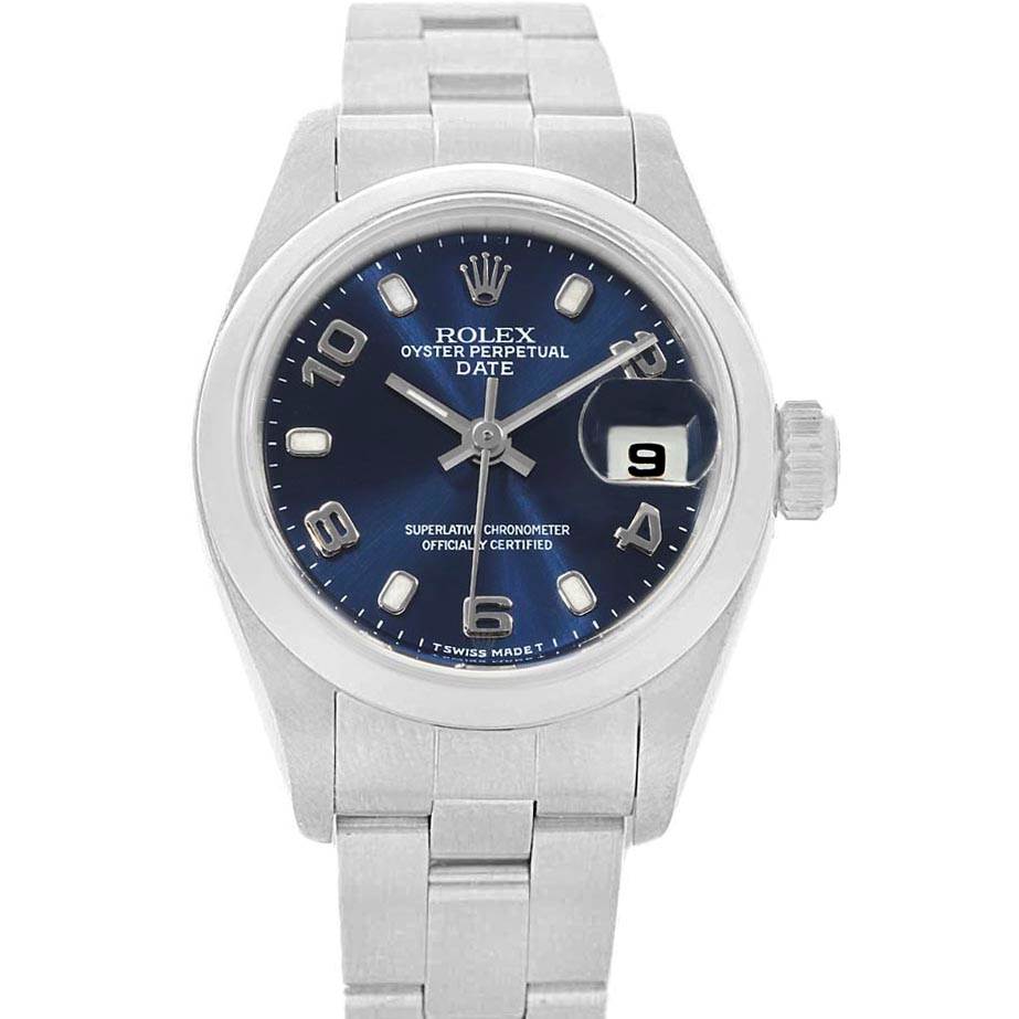 The Rolex Date 69160 Women's Stainless Steel Blue Dial 69160 Women's Stainless Steel Blue Dial model watch is shown from the front, displaying its dial, hands, date window, bezel, and bracelet.
