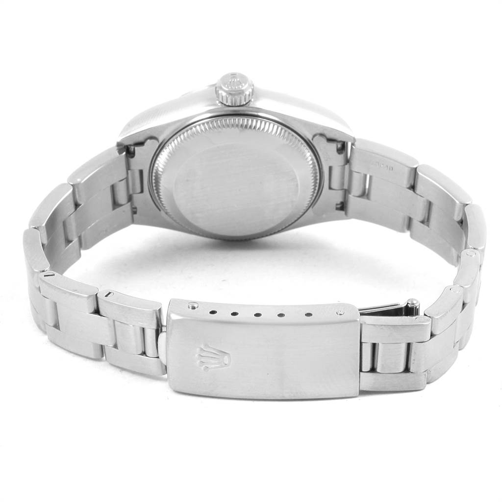 This image shows the back case and clasp of a Rolex Date 69160 Women's Stainless Steel Blue Dial 69160 Women's Stainless Steel Blue Dial model watch from a rear angle.