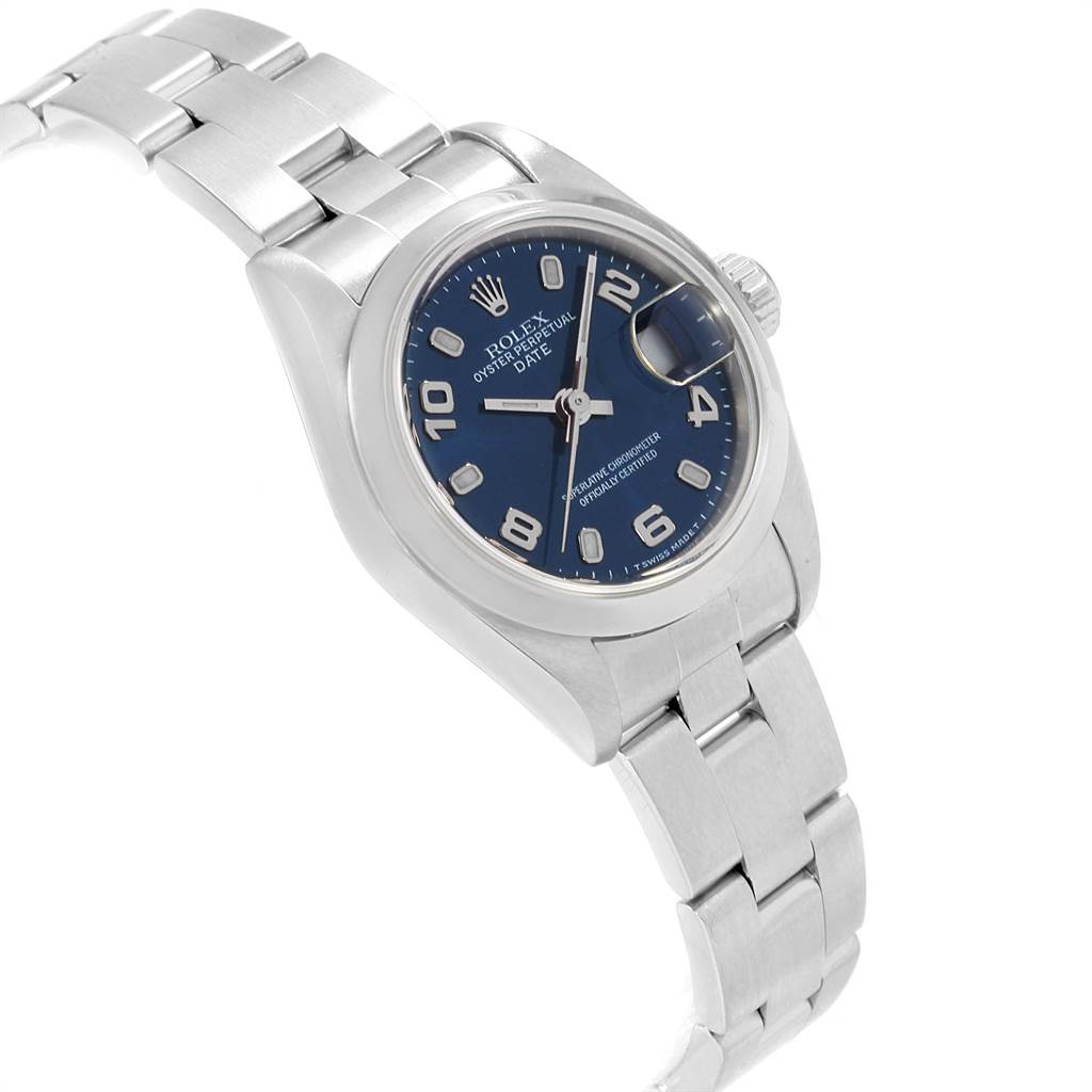 The image shows a Rolex Date 69160 Women's Stainless Steel Blue Dial 69160 Women's Stainless Steel Blue Dial model watch at a slight angle, highlighting the bracelet, case, dial, and crown.