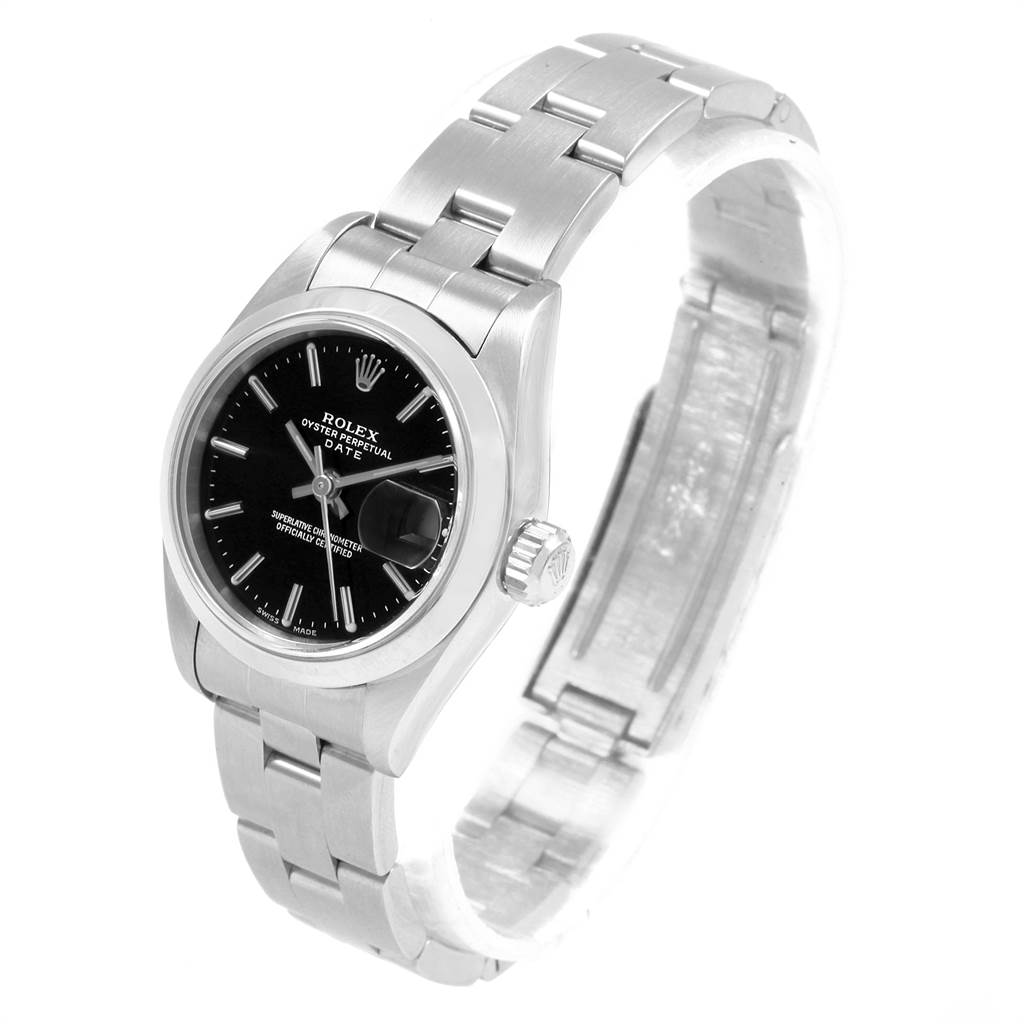 The Rolex Date 79160 Women
s Stainless Steel Black Dial 79160 Women
s Stainless Steel Black Dial model watch is shown from a three-quarter angle, displaying its face, bezel, crown, and bracelet.