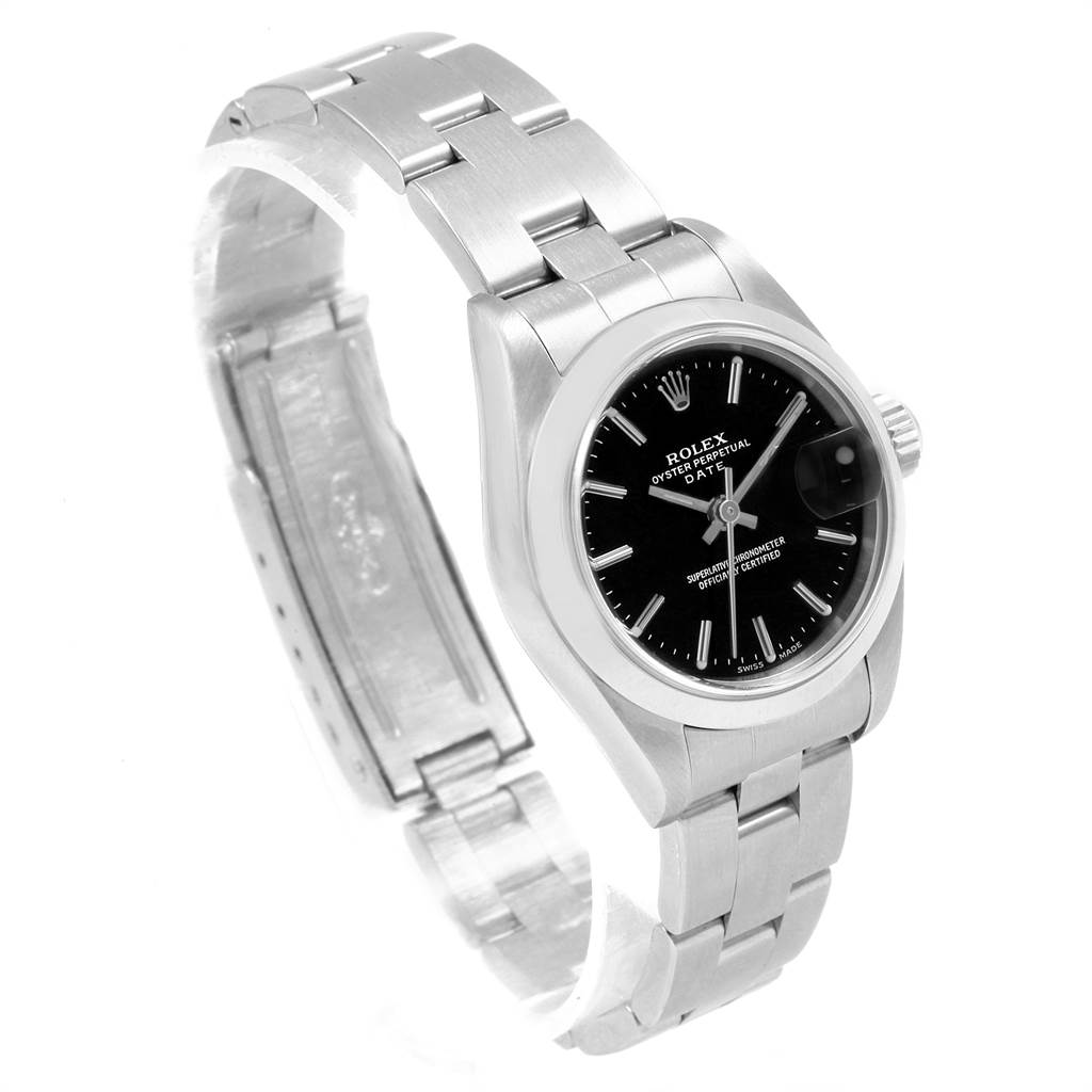 The image shows a Rolex Date 79160 Women
s Stainless Steel Black Dial 79160 Women
s Stainless Steel Black Dial watch at a three-quarter angle, highlighting the bracelet, case, and black dial with a date window.