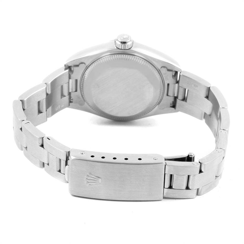 This is a rear view of a Rolex Date 79160 Women
s Stainless Steel Black Dial 79160 Women
s Stainless Steel Black Dial watch showing the back of the case and the closed bracelet clasp.