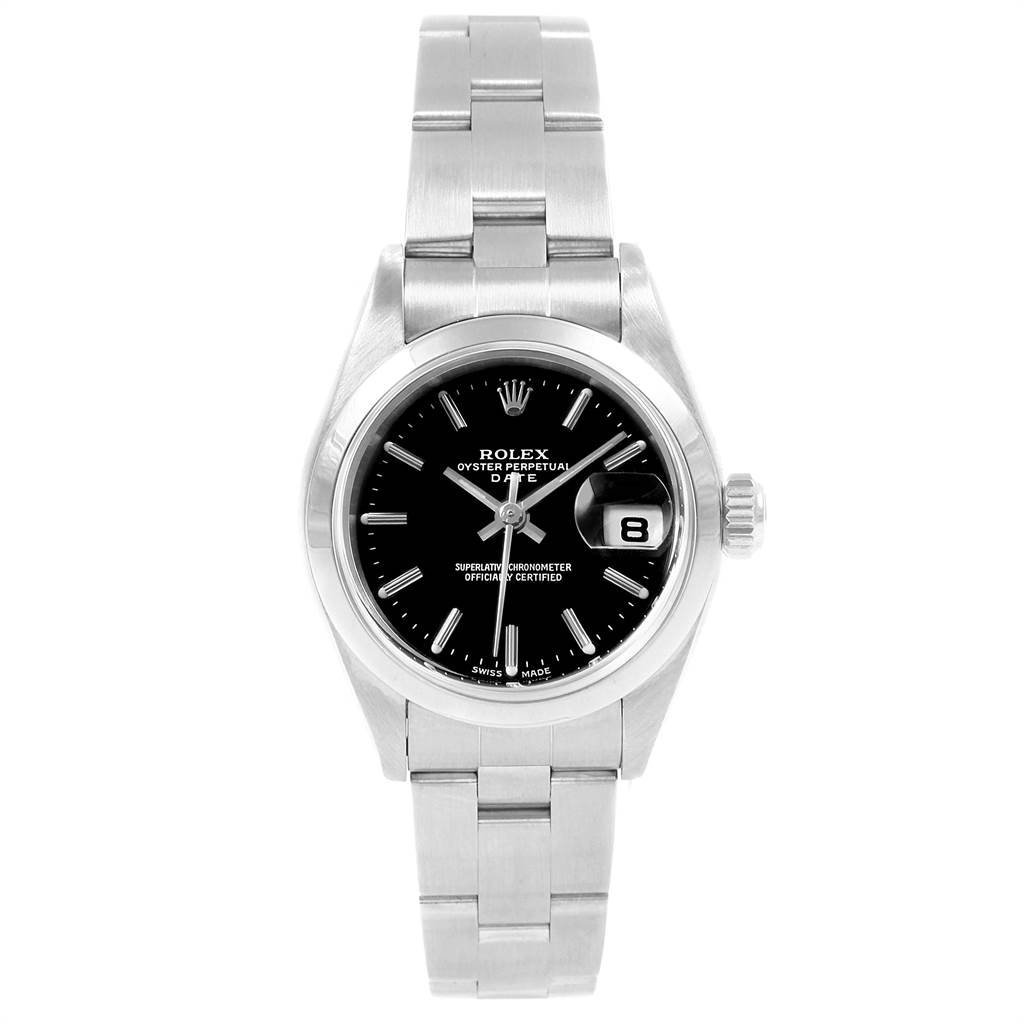 The image shows a Rolex Date 79160 Women
s Stainless Steel Black Dial 79160 Women
s Stainless Steel Black Dial model watch from a front angle, featuring the dial, hands, date window, and metal bracelet.