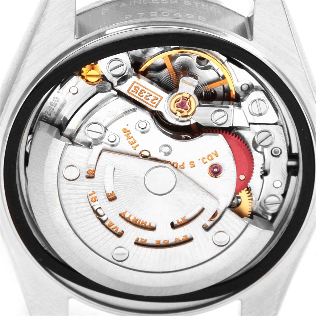 This image shows the inner mechanism and movement parts of a Rolex Date 79160 Women
s Stainless Steel Black Dial 79160 Women
s Stainless Steel Black Dial model watch from the back.