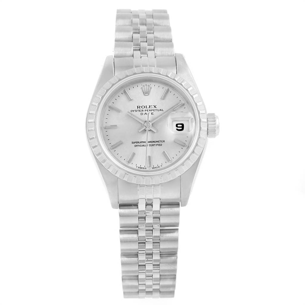 The image shows a front view of a Rolex Date 69240 Women's Stainless Steel Silver Dial 69240 Women's Stainless Steel Silver Dial model watch, displaying the dial, bezel, and bracelet.