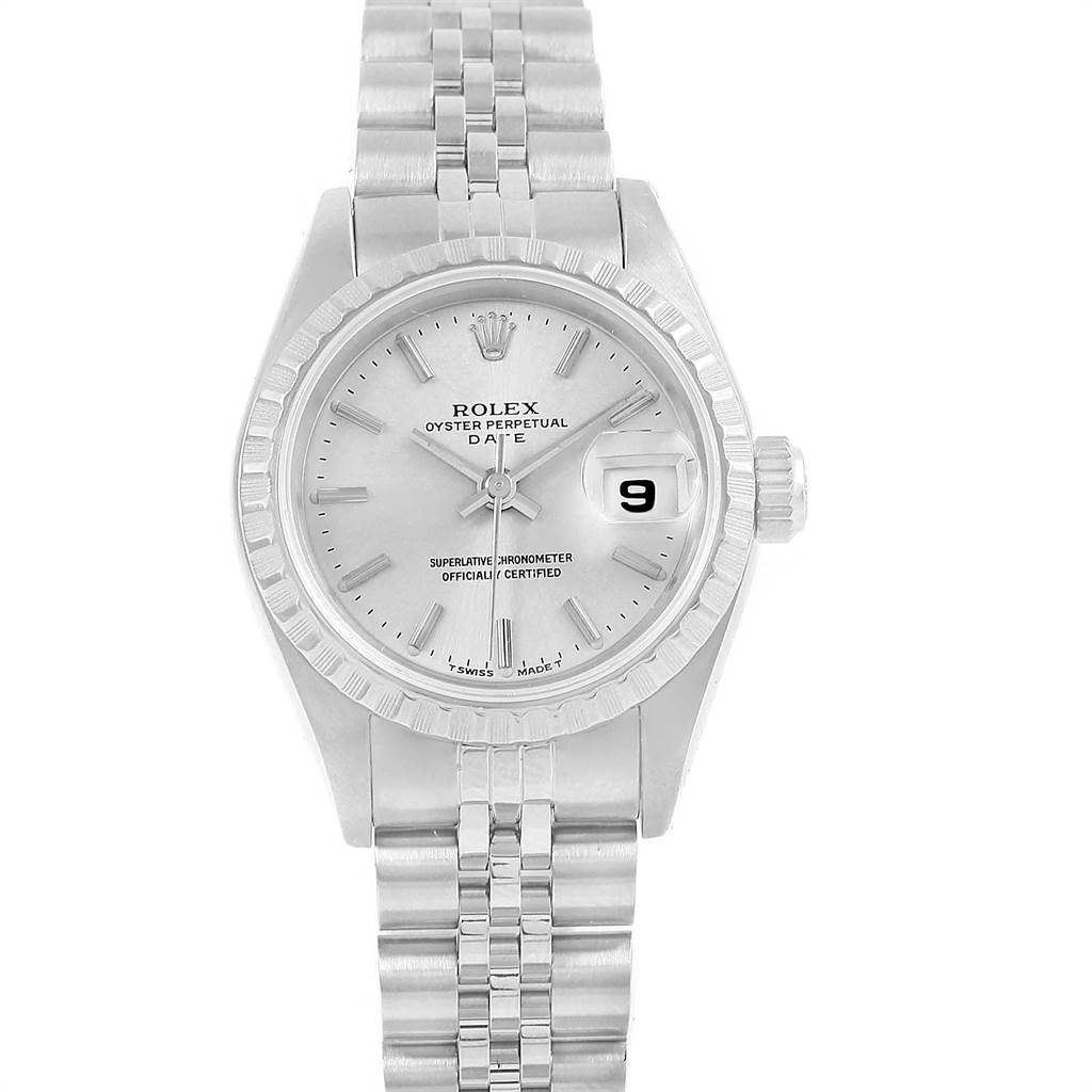 The image shows a front view of a Rolex Date 69240 Women's Stainless Steel Silver Dial 69240 Women's Stainless Steel Silver Dial model watch, highlighting the dial, hands, date window, and bracelet.