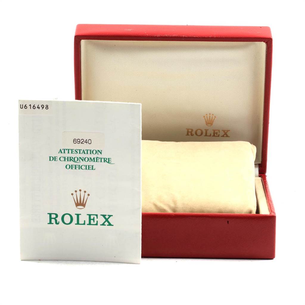 The image shows an open Rolex Date 69240 Women's Stainless Steel Silver Dial 69240 Women's Stainless Steel Silver Dial watch box with a "69240" chronometer certificate in front.