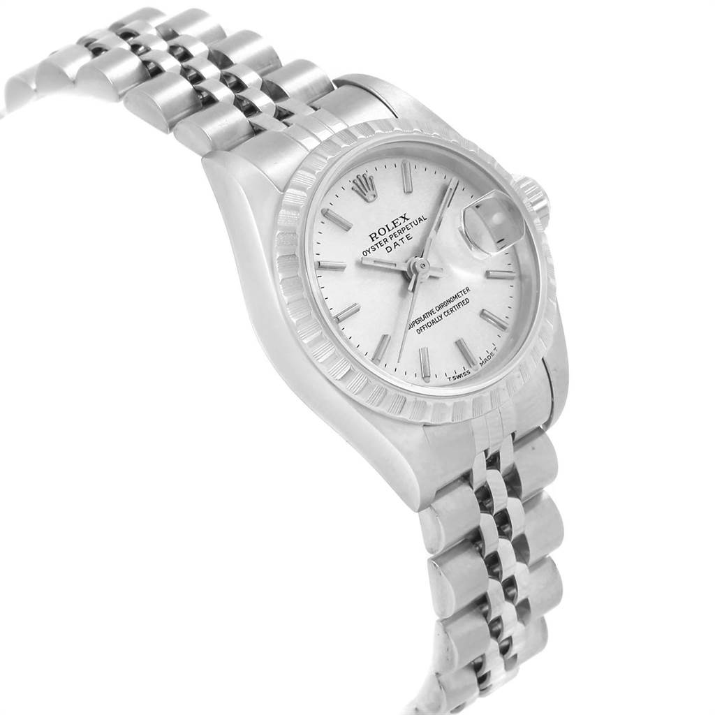 The image shows a Rolex Date 69240 Women's Stainless Steel Silver Dial 69240 Women's Stainless Steel Silver Dial watch at an angle, displaying the face, bezel, crown, and Jubilee bracelet.