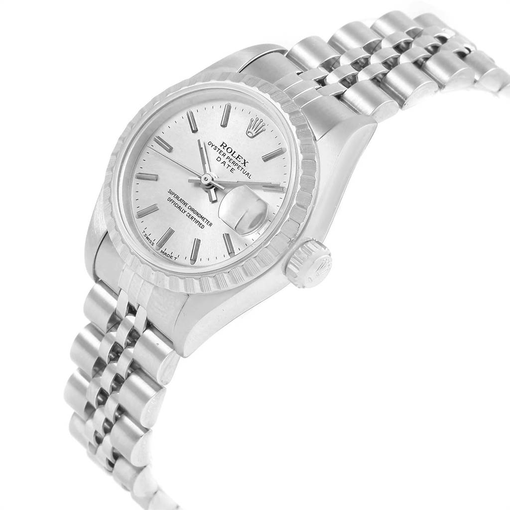 The image shows a Rolex Date 69240 Women's Stainless Steel Silver Dial 69240 Women's Stainless Steel Silver Dial model watch angled slightly from the top, highlighting the dial, bezel, crown, and part of the bracelet.