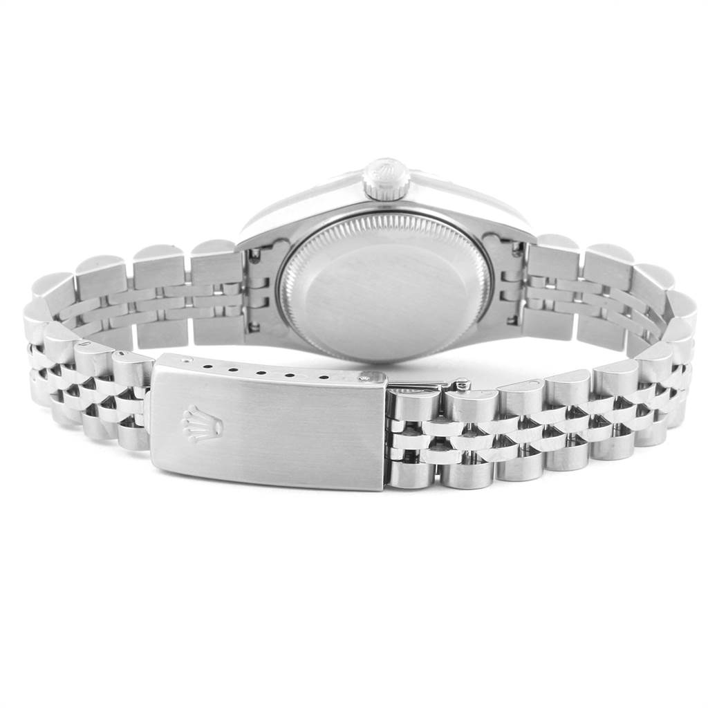 The image shows the back case and bracelet of a Rolex Date 69240 Women's Stainless Steel Silver Dial 69240 Women's Stainless Steel Silver Dial model watch, viewed from the rear angle.