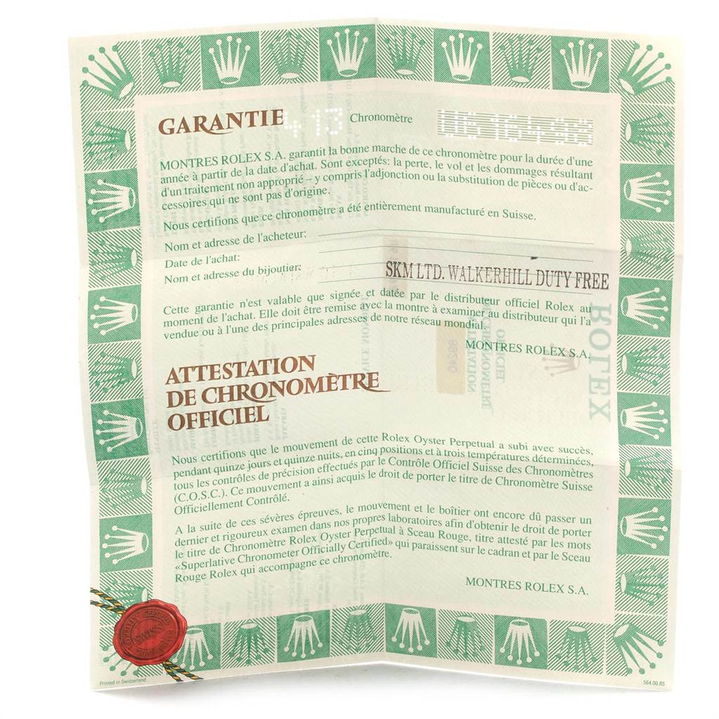 The image shows the warranty and chronometer certification papers for a Rolex Date 69240 Women's Stainless Steel Silver Dial 69240 Women's Stainless Steel Silver Dial model watch.