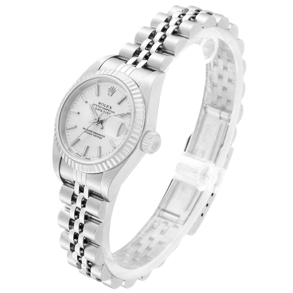 This Rolex Date 79174 Women's Stainless Steel Silver Dial 79174 Women's Stainless Steel Silver Dial model watch is shown at a slight angle, showcasing the dial, fluted bezel, and jubilee bracelet.
