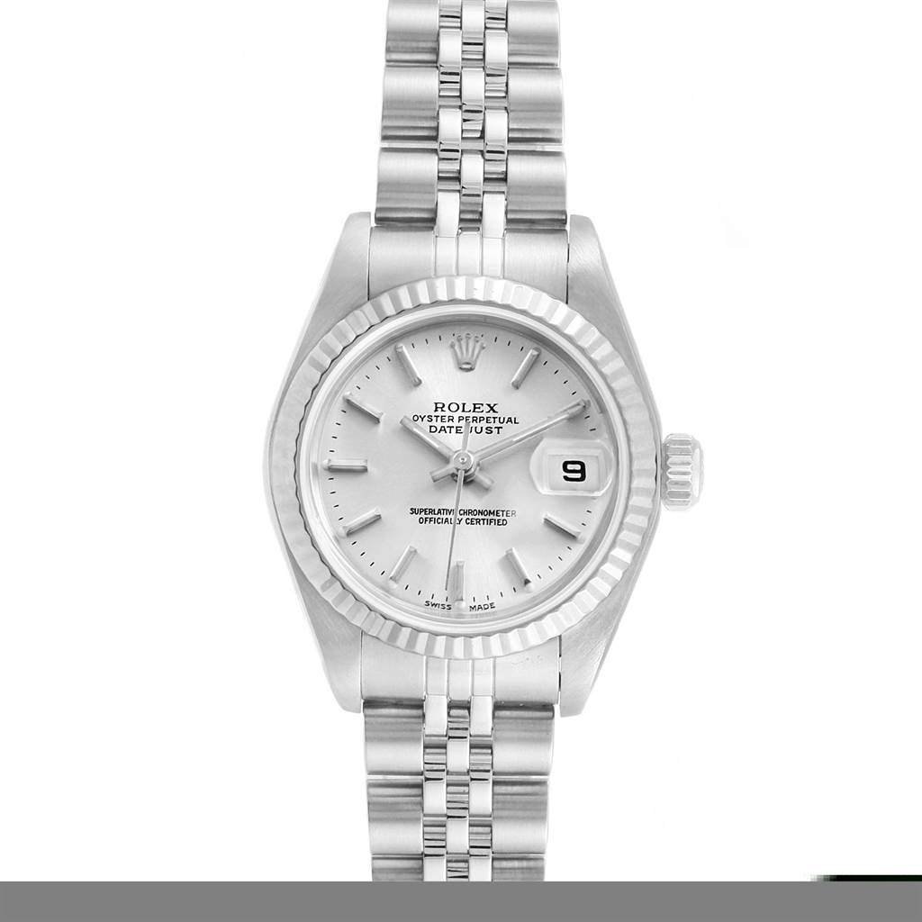 The image shows a front view of a Rolex Date 79174 Women's Stainless Steel Silver Dial 79174 Women's Stainless Steel Silver Dialjust watch, highlighting its dial, bezel, and bracelet.