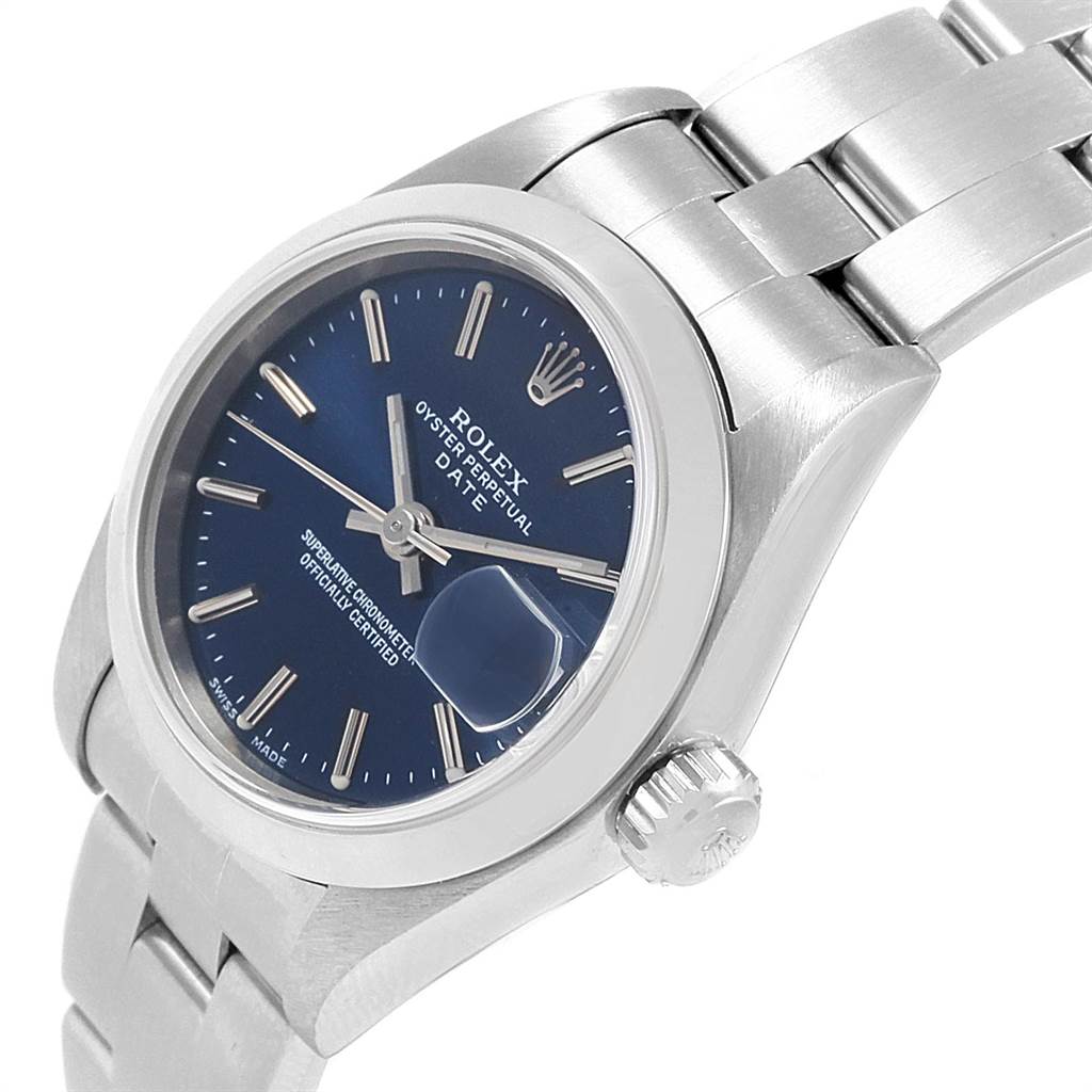 The Rolex Date 79160 Women's Stainless Steel Blue Dial 79160 Women's Stainless Steel Blue Dial model is shown at an angle displaying the dial, bezel, crown, and part of the bracelet.