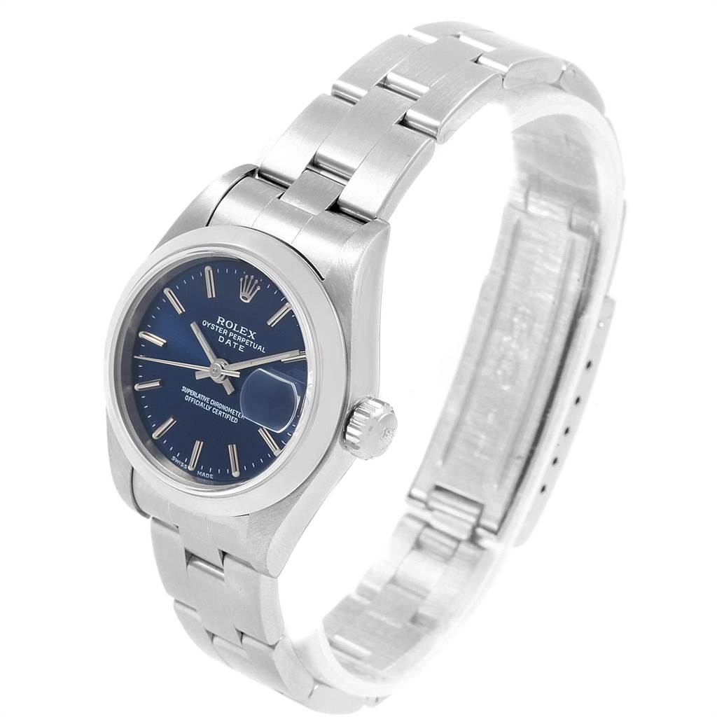 The image shows a Rolex Date 79160 Women's Stainless Steel Blue Dial 79160 Women's Stainless Steel Blue Dial model watch at a slight angle, highlighting the dial, crown, and bracelet.
