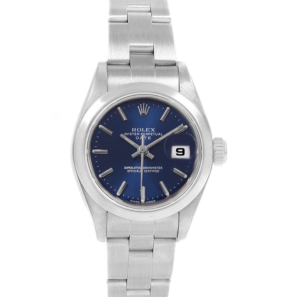 This image shows a head-on view of a Rolex Date 79160 Women's Stainless Steel Blue Dial 79160 Women's Stainless Steel Blue Dial model watch, displaying the dial, bezel, crown, and bracelet.