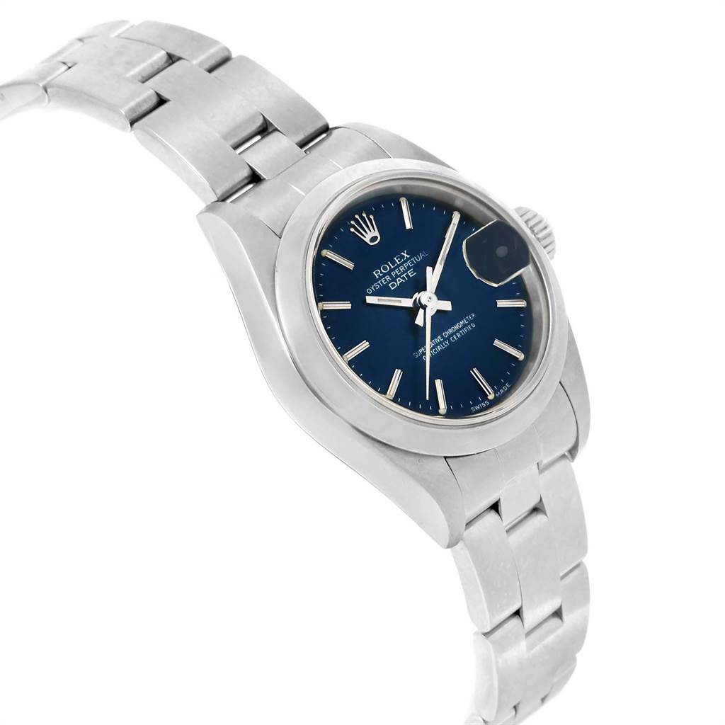 This image shows a Rolex Date 79160 Women's Stainless Steel Blue Dial 79160 Women's Stainless Steel Blue Dial model watch at an angle, displaying its blue dial, date window, and stainless steel bracelet.