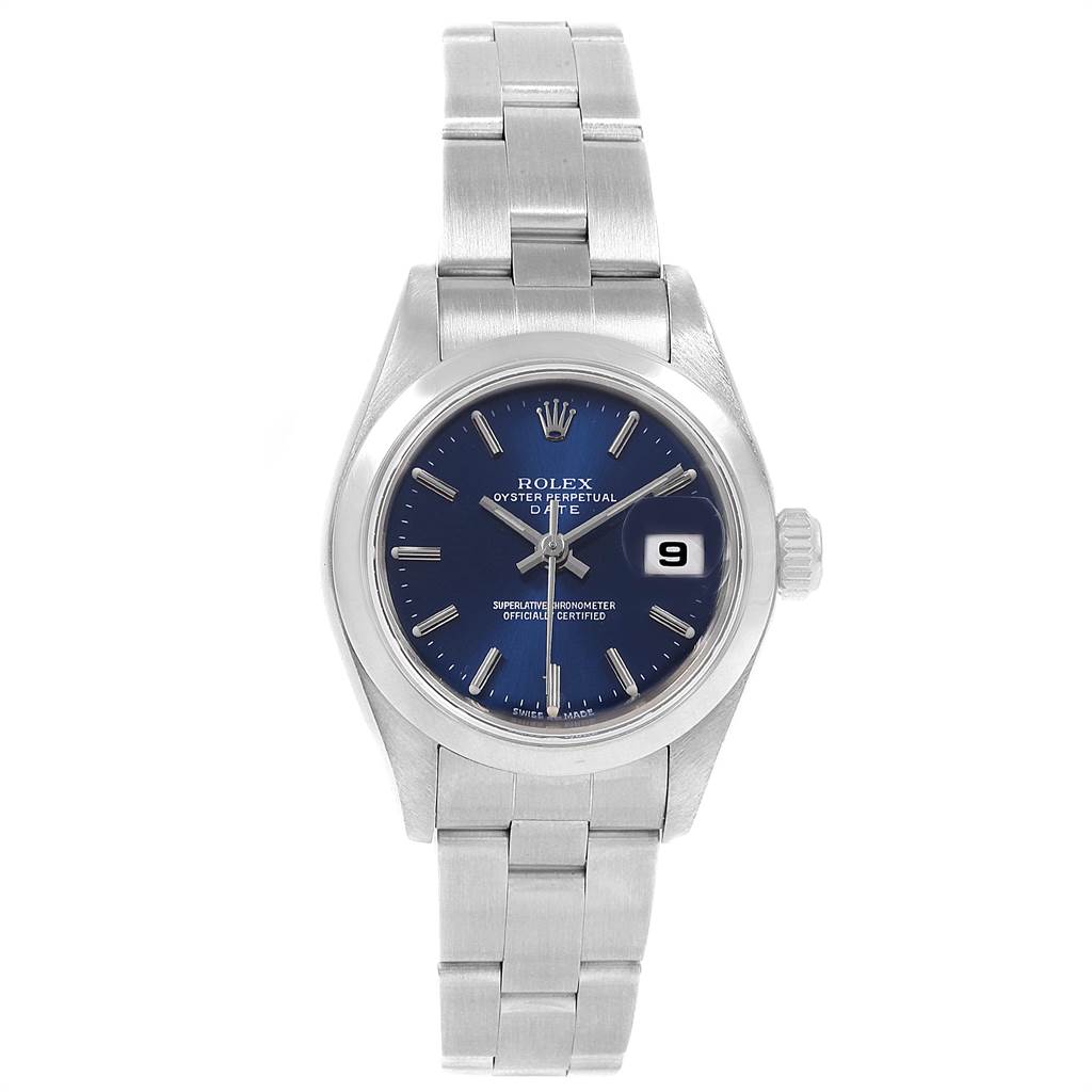 This Rolex Date 79160 Women's Stainless Steel Blue Dial 79160 Women's Stainless Steel Blue Dial model watch is shown from a front angle, displaying its face, dial, bezel, and bracelet.