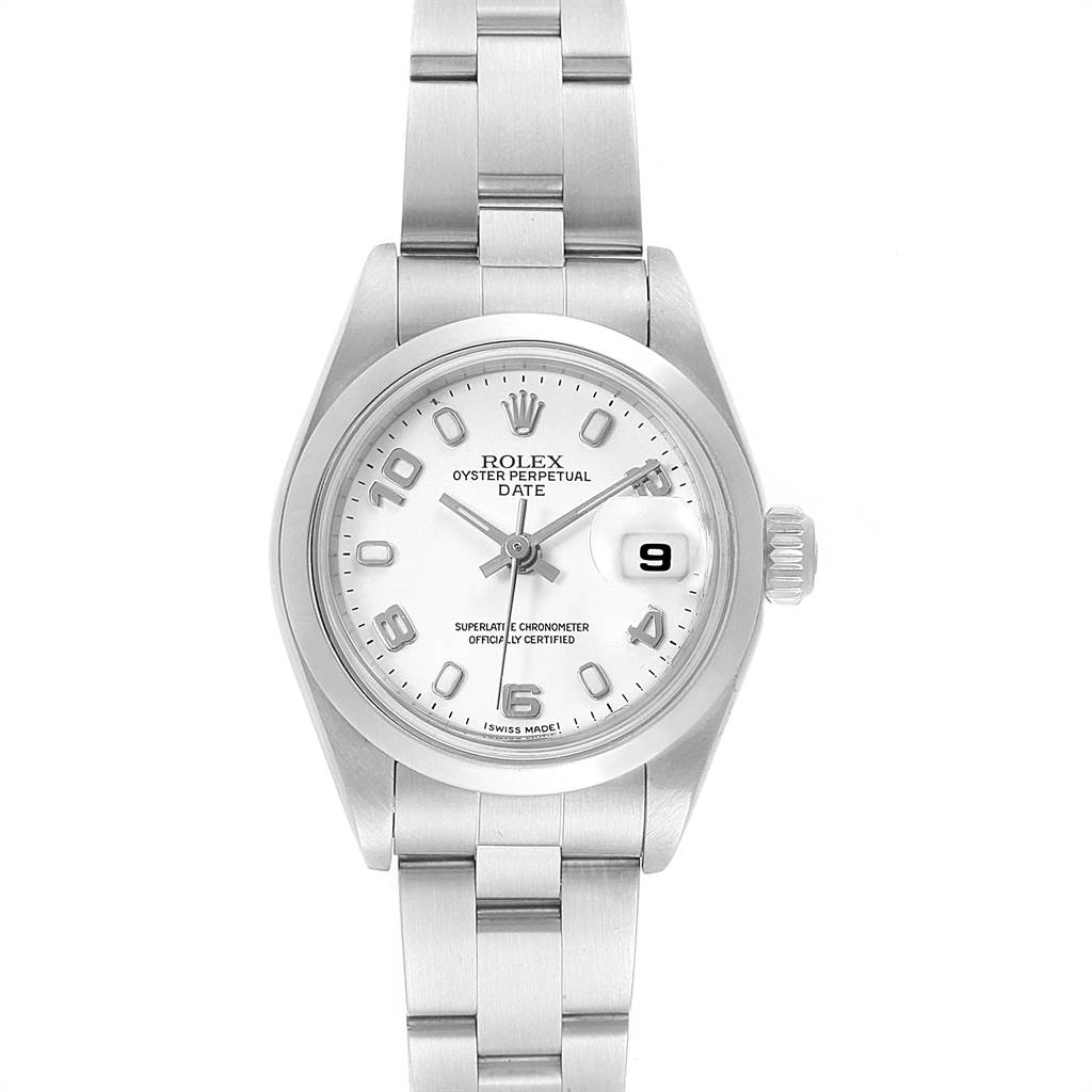 The image shows a front view of the Rolex Date 79160 Women's Stainless Steel White Dial 79160 Women's Stainless Steel White Dial model watch, displaying the dial, hands, date window, and bracelet.