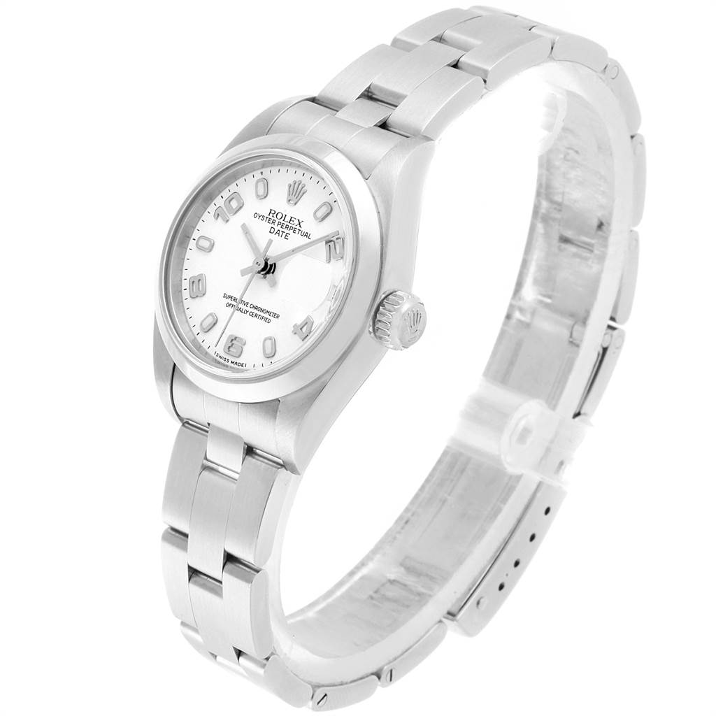 The image shows a Rolex Date 79160 Women's Stainless Steel White Dial 79160 Women's Stainless Steel White Dial wristwatch at an angle highlighting the face, crown, and part of the bracelet.