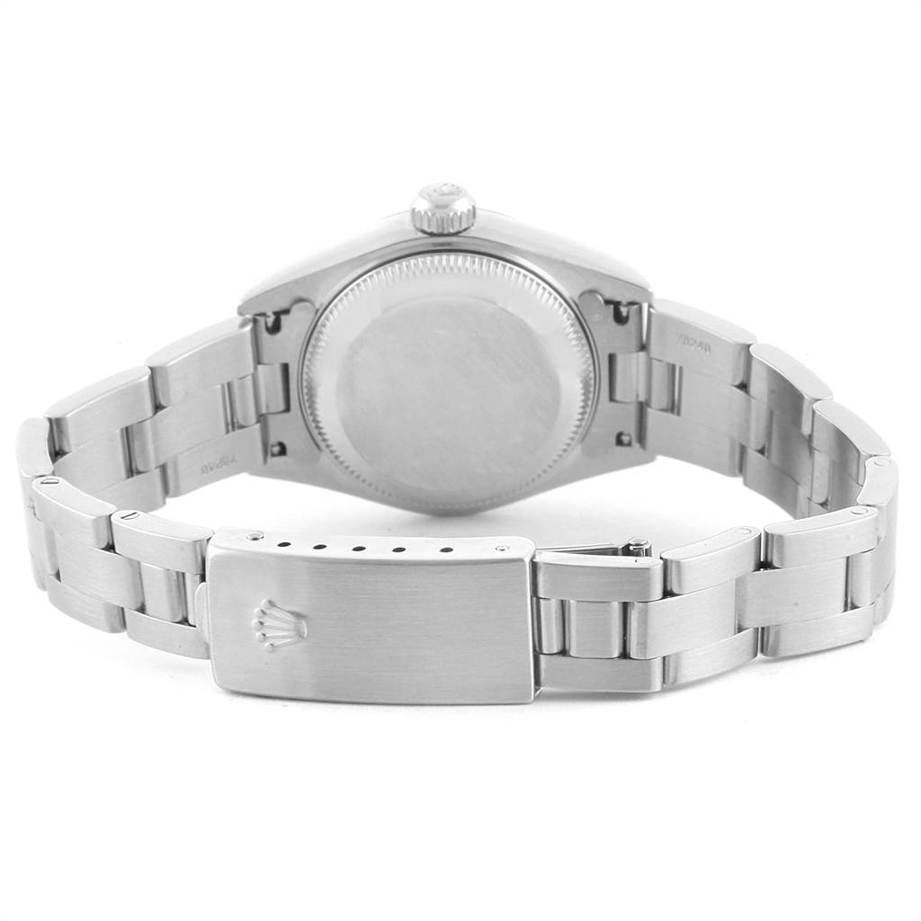 This Rolex Date 79160 Women's Stainless Steel White Dial 79160 Women's Stainless Steel White Dial watch is shown from the rear, displaying its stainless steel case back, bracelet, and clasp.
