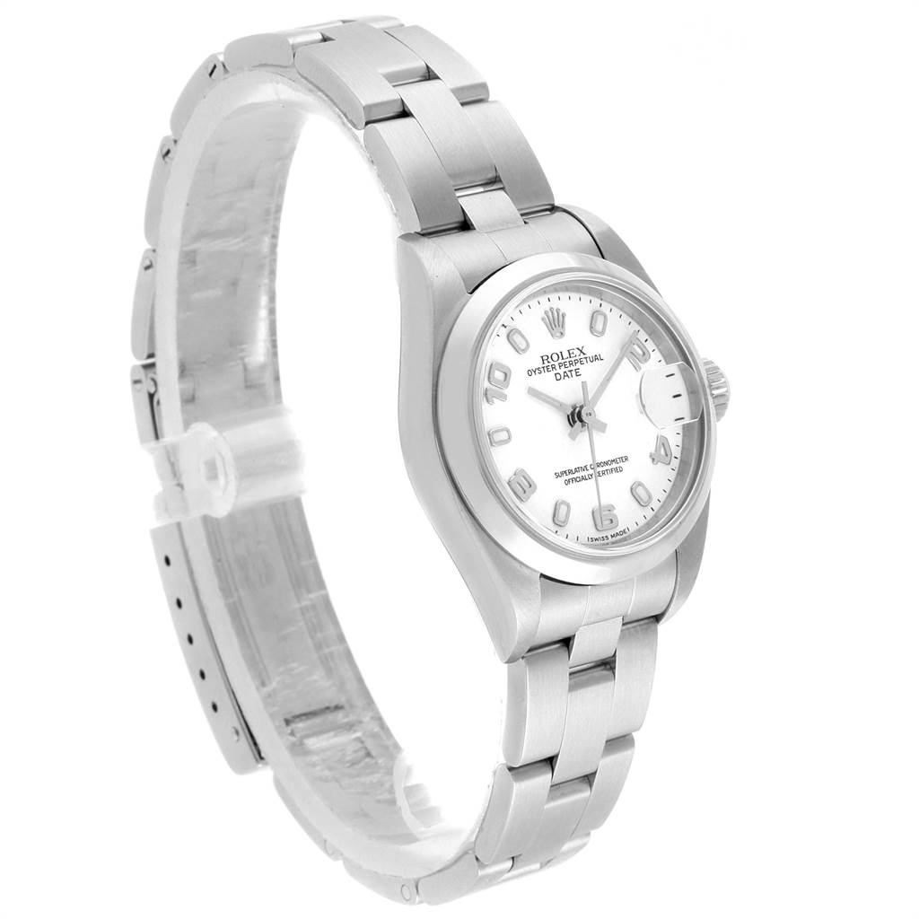 The image shows a Rolex Date 79160 Women's Stainless Steel White Dial 79160 Women's Stainless Steel White Dial model watch at a three-quarter angle, highlighting the bracelet, dial, and case.