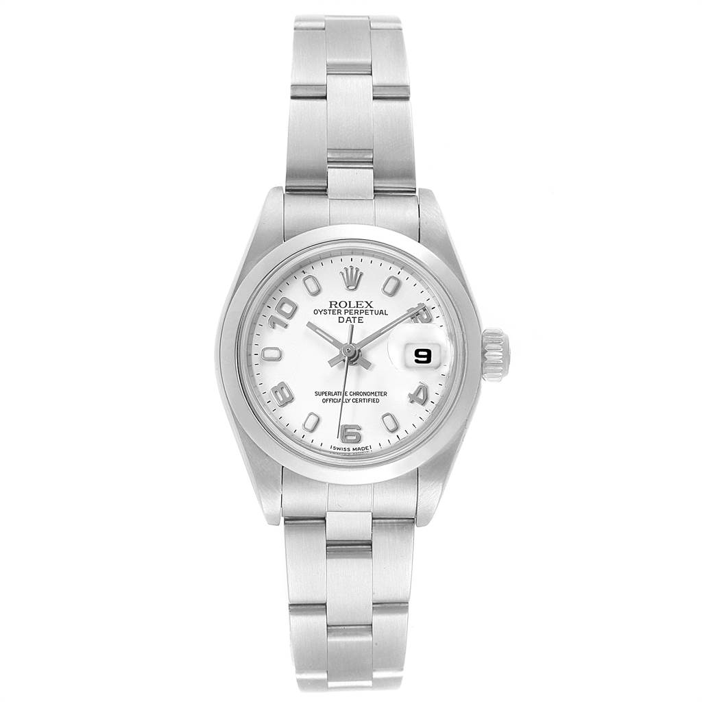 This image shows a Rolex Date 79160 Women's Stainless Steel White Dial 79160 Women's Stainless Steel White Dial watch from a top-down angle, displaying the dial, bracelet, and crown.