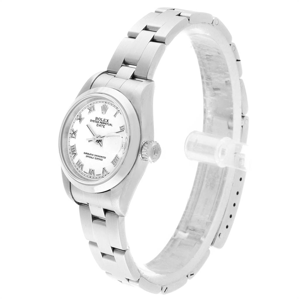 This image shows a Rolex Date 79160 Women's Stainless Steel White Dial 79160 Women's Stainless Steel White Dial model watch, angled to display the face, bezel, crown, and metal bracelet.