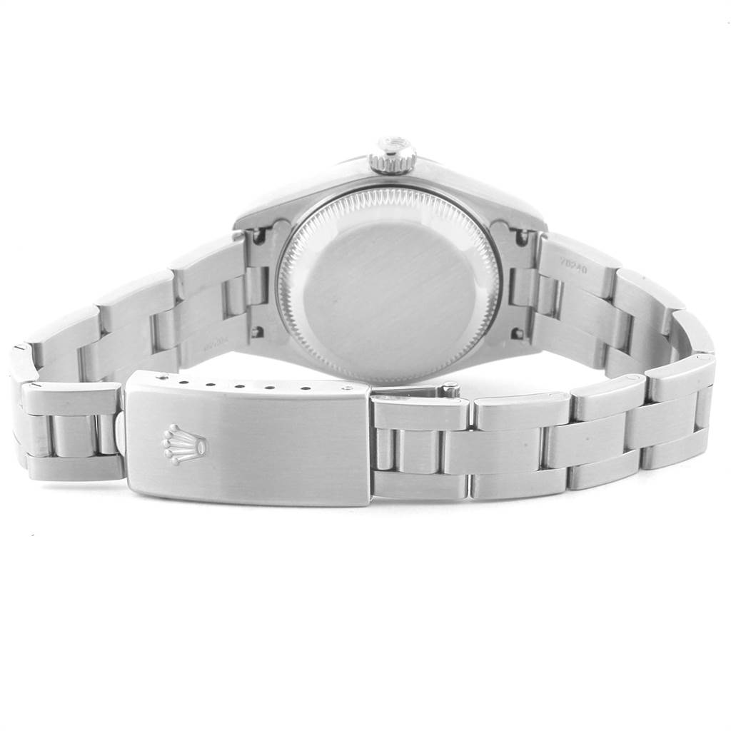 The image shows the back view of a Rolex Date 79160 Women's Stainless Steel White Dial 79160 Women's Stainless Steel White Dial model watch, highlighting the clasp, bracelet, and case back.