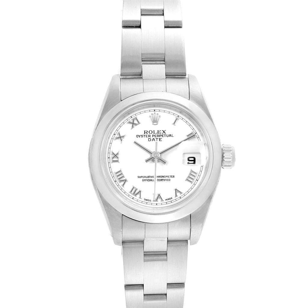 This image shows a front view of the Rolex Date 79160 Women's Stainless Steel White Dial 79160 Women's Stainless Steel White Dial model watch, displaying the dial, hands, bracelet, and date window.