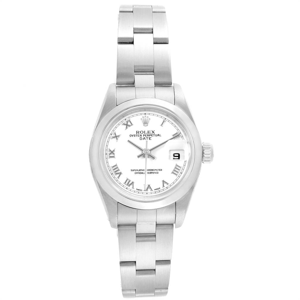 This Rolex Date 79160 Women's Stainless Steel White Dial 79160 Women's Stainless Steel White Dial model watch is shown from a top-down angle, displaying its face, bracelet, and date window.