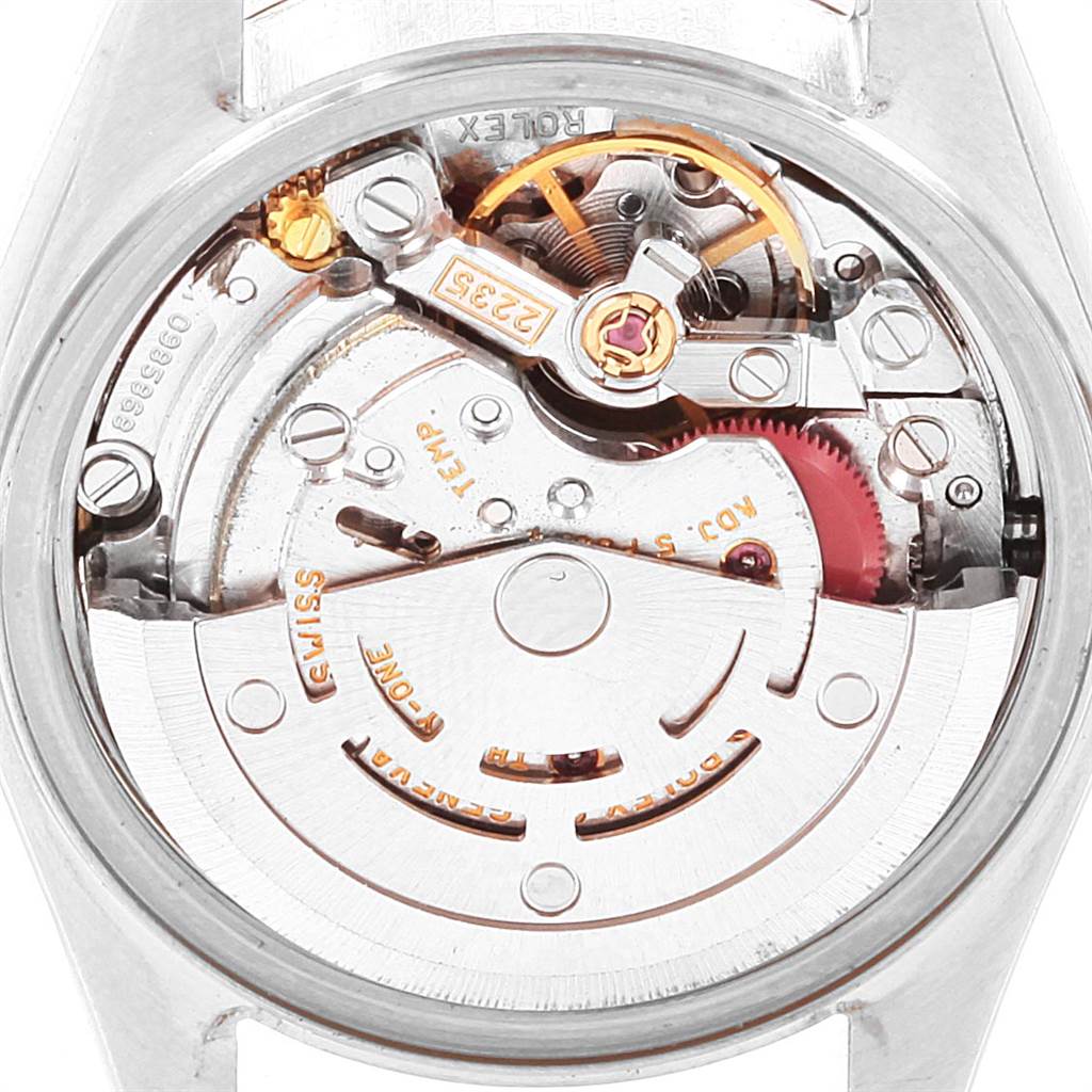 This image shows the back view of the Rolex Date 79160 Women's Stainless Steel White Dial 79160 Women's Stainless Steel White Dial model watch, highlighting its internal movement components.