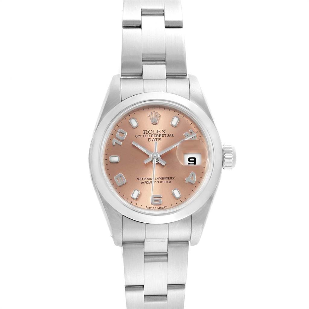 The image shows a Rolex Oyster Perpetual Date watch from a frontal angle, displaying the dial, hands, bracelet, and crown.