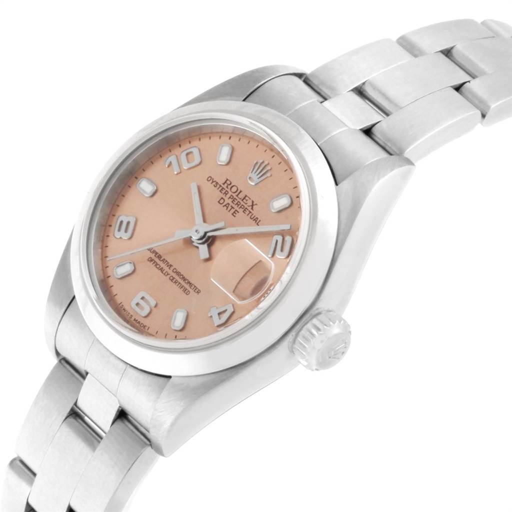 This Rolex Date 79160 Women's Stainless Steel Pink Dial 79160 Women's Stainless Steel Pink Dial watch is shown at a slight angle, displaying the face, bezel, crown, and part of the bracelet.